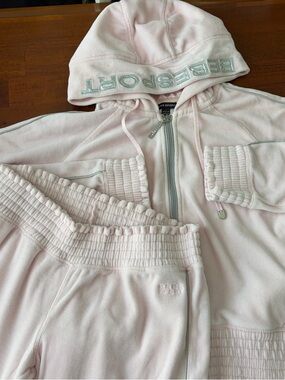 Bebe Sport Light Pink Y2K Velour Tracksuit Flare Pant & Zip Hoodie Set